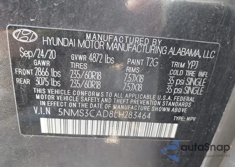 2020 Hyundai Santa Fe Sel z USA, uszkodzony, nr VIN 5NMS3CAD8LH283464